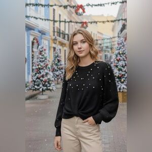 Black Pearl Embellished Twist-Front Sweater NWT • Fits XS/S • Crown & Ivy